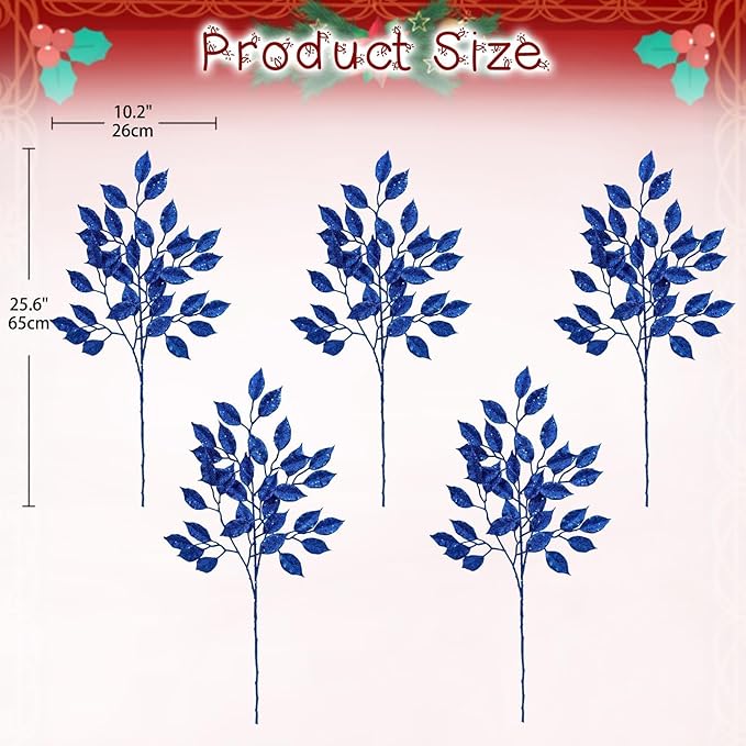 25.6" Christmas Blue Glitter Leaves Stems, 5Pcs Artificial Leaf Spray Leaf Picks Tall for Christmas Tree DIY Xmas Wreath Garland Arrangment Vase Bouquets Table Centerpieces Decoration Home Decor