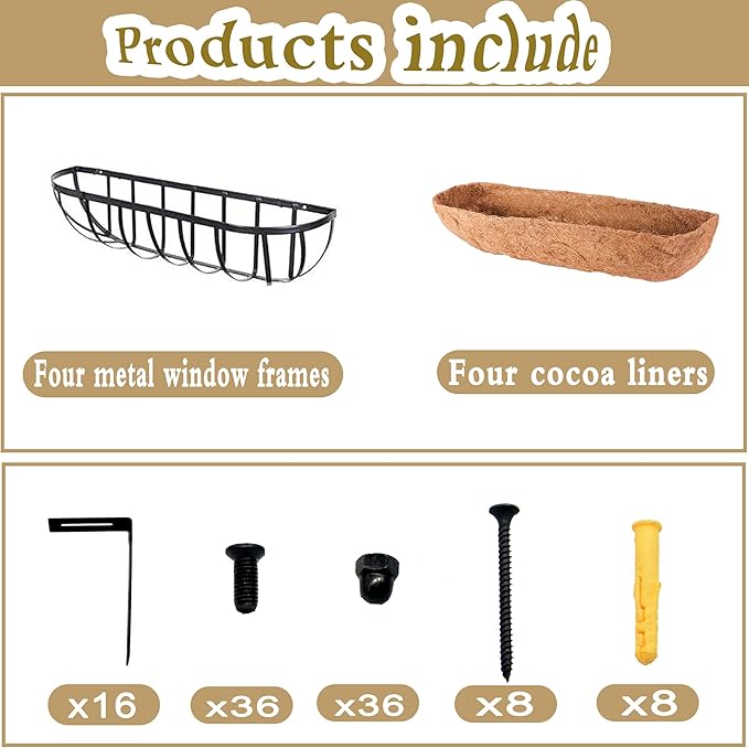4pack 24-inch Window Sill Window Railing Planters with Cocoa Liner for Outdoor Balconies, Porches, Fences, Patio Railings
