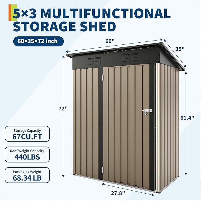 5x3 ft Outdoor Storage Shed with Lockable Door – Heavy Duty Metal Tool Shed with Dual Ventilation & Sloping Roof for Backyard, Garden, Patio, Bike & Equipment, Brown