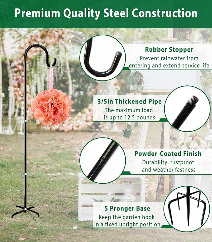 Adjustable Outdoor Shepherd Hook Stand with 5 Prong Base, 76 Inches Tall 3/5 in Thick, Shiny Black (2 Packs)