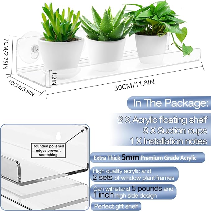 2 Pack 12 Inch Acrylic Window Boxes Plant Shelves, with Suction Cup Window Sill Extender, for Indoor/Outdoor Succulents, Micro Greens, Seed Starter Pots, Herb Planters