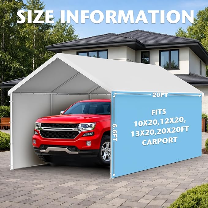 Carport Replacement Canopy Sidewall 20x6.6FT Fits 10x20,12x20,13x20,20x20FT Carport, Waterproof & UV Protected, with Ball Bungees (Only Sidewall, Frame Not Include) (White, Sidewall 1 Pack)