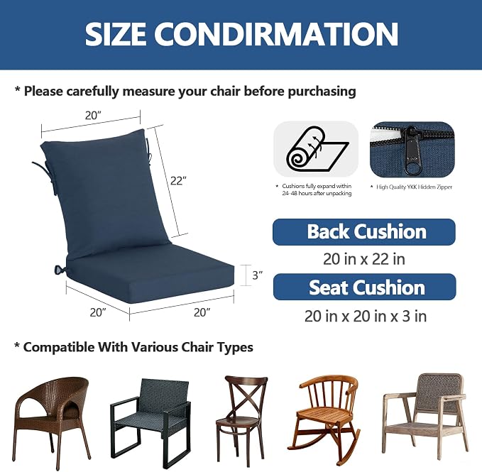 Goodgoods 20"x42" Outdoor Dining Chair cushion Set of 1 patio furniture cushion Resilient Foam Filling Water-Proof Stain-Resistant UV Resistant Weather Resistant Chairs Couch Sofa Upholstery Navy Blue