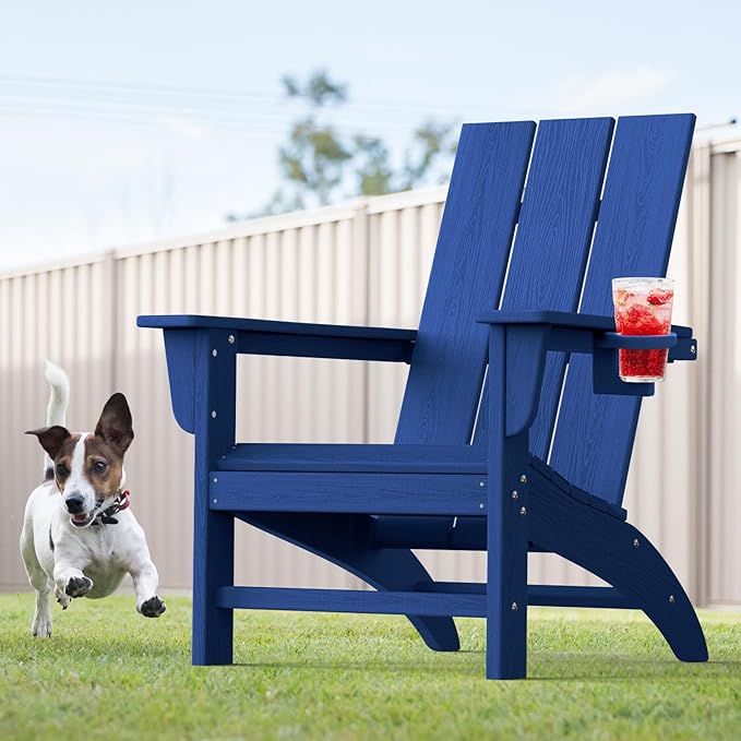 Modern Adirondack Chairs Set of 4, HDPE Plastic Patio Chairs for All Weather, Fire Pit Chair, Outdoor Lawn Chairs for Deck, Porch, Backyard, Garden, Navy Blue