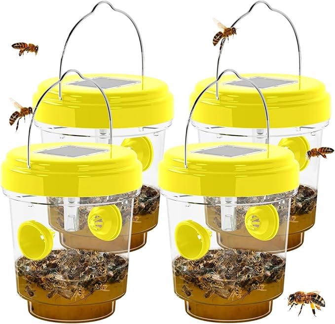 Wasp Traps Outdoor Hanging, Solar Bees, Hornets, Yellow Jacket Traps, Wasp Trap Catcher, Reusable Solar Powered Hanging for Outdoor, 4 Packs