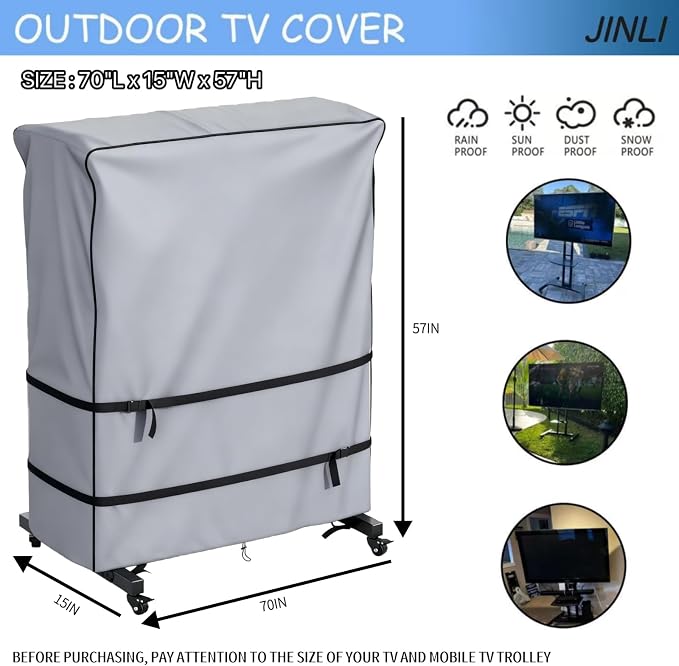 JINLI 70-75 inch outdoor TV trolley cover, courtyard TV cover, Oxford fabric waterproof and dustproof, triple windproof design, compatible with rolling/mobile stand,Grey