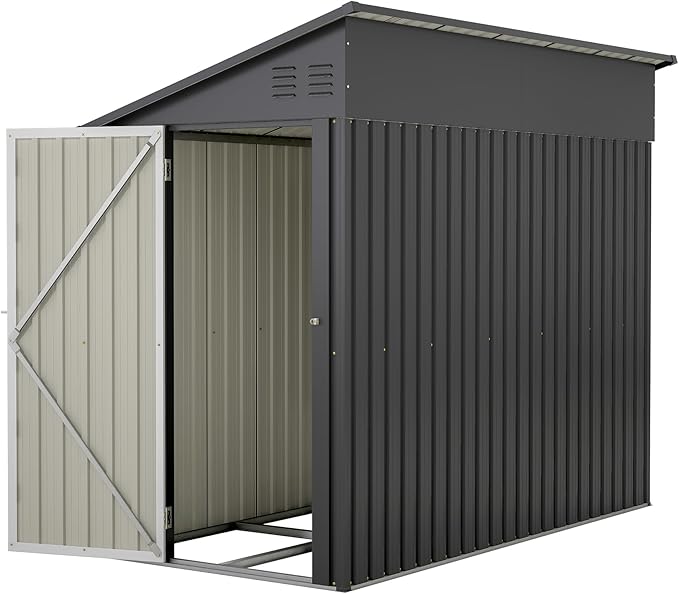 YOPTO 4×8 FT Lean to Metal Shed,Outdoor Heavy-Duty Storage Shed with Floor Base,All Weather Waterproof Garden Tool House W/Lockable Door&2 Air Vent,Reversible Door Design,for Backyard,Patio,Lawn,Black