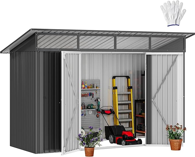 DWVO 8.5x3.5 FT Storage Shed for Bicycle, Functional Metal Tool Shelter Garden Storage Unit with Acrylic Windows, Secure Entry Lock, Water-Resistant Waste Enclosure for Outdoor Patio Garden(Dark Gray)