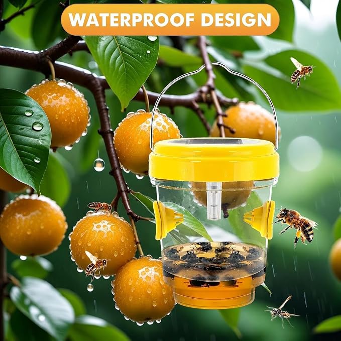 Wasp Traps Outdoor Hanging, Solar Bee Trap for Outside, Reusable Solar Powered Hornet Traps, Bee Wasp Catcher Outside Garden 4 Packs