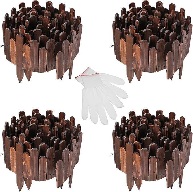 Soaoo 4 Pack Wood Garden Edging Border Outdoor Flexible Landscape Border Fence Decorative Lawn Edging with Gloves for Flower Bed Pathway Garden Yard (16 ft)