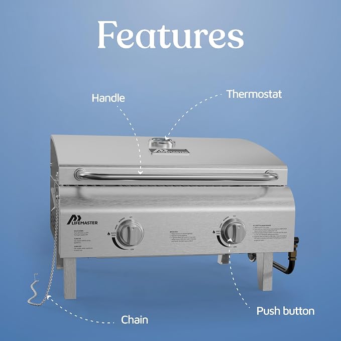 Lifemaster Portable Stainless Steel Gas Grill - 2 Burners Easy Clean Tabletop BBQ Propane Gas Grill with Foldable Legs and Wind Proof Lid for Camping and Outdoor - Silver