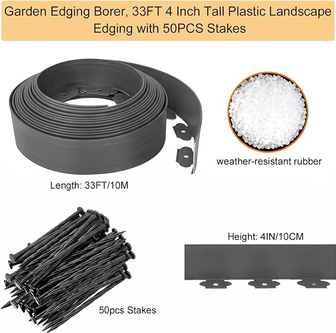 33FT Landscape Edging, 4in Tall Garden Edging Border with 50pcs Stakes Straight Top Edging for Yard Garden DIY Flower Beds Sidewalks Paver Edging, Grey