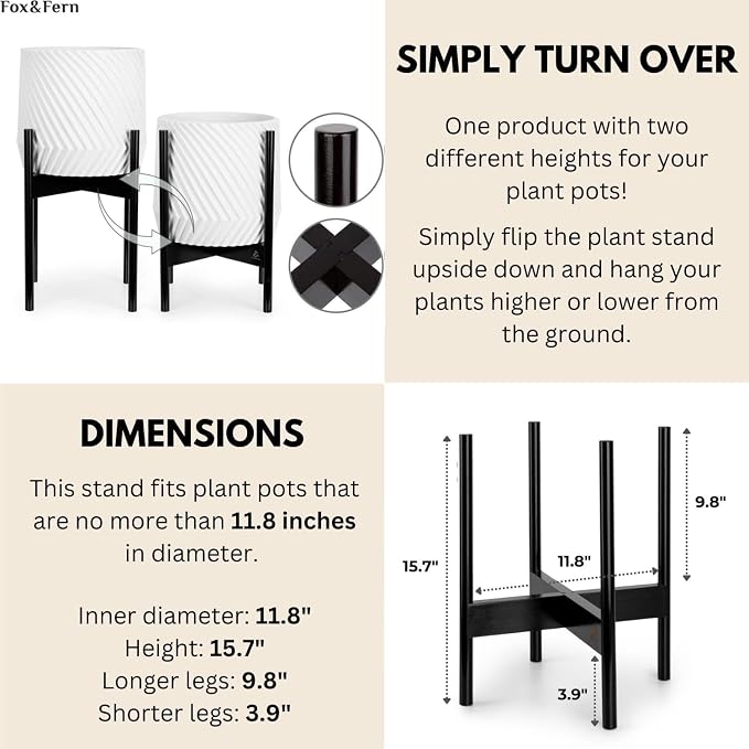 Fox & Fern Bamboo Plant Stand — 11.8 Inch Fixed Size Wooden Mid Century Plant Stand for Indoor Planters (Not Included) - Raised Flower Pot Holder for Indoor Big Pots - Plug In Design - Dark Bamboo