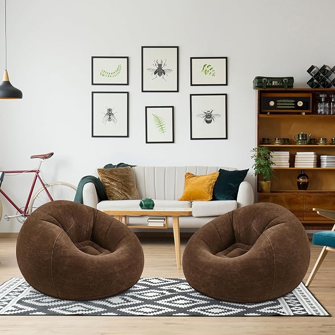 Realspring Inflatable Bean Bag Chairs Outdoor Blow up Camping Chairs Inflatable Lazy Sofa Folding Portable Bean Bag Loungers Couch for Movie Night(Dark Coffee,2 Pcs)
