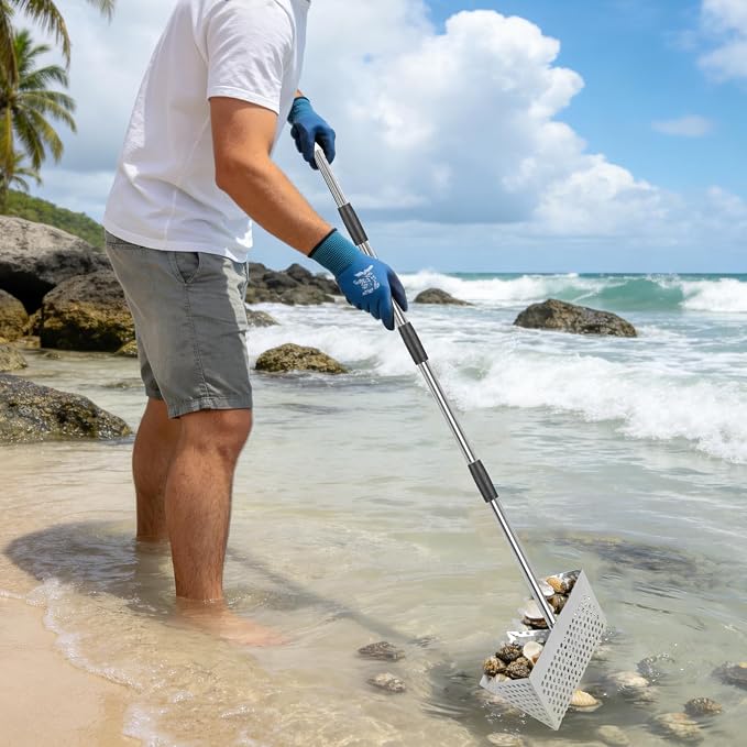 Sand Flea Rake, 65" Long Handle Stainless Steel Sand Sifter, 12" Wide Mesh Screen Beach Rake, Heavy Duty Shark Tooth Sifter for Seaside Collecting Sand Fleas, Shark Teeth, Seashells & MarineTreasures