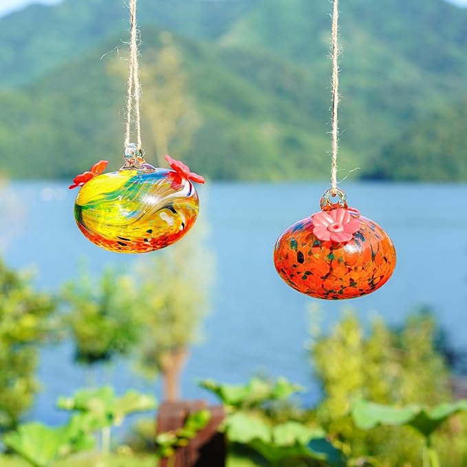 Set of 2 Hummingbird Feeders for Outdoors Hanging 3.2in Small Blown Glass Humming Bird Feeder for Window Humming Bird Feeders with 2 Flower Feeding Ports Decor for Outside Garden