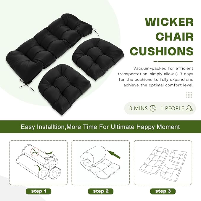Wicker Chair Cushions Set, 2 U-Shaped Cushions & 1 Loveseat, Waterproof Outdoor Loveseat Cushion for Patio Furniture, Settee Bench Pad All Weather,Black