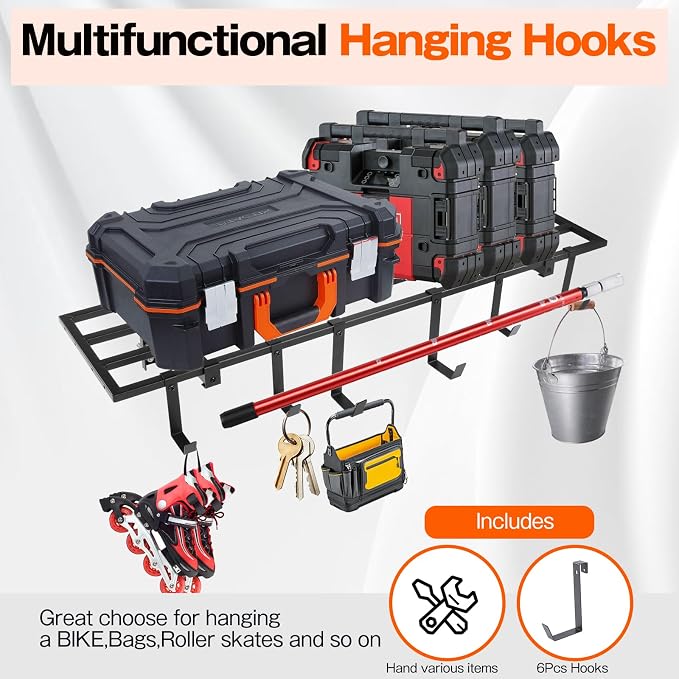 Colinktool Garage Wall Shelving, 1X4 ft Garage Storage Rack,Heavy Duty Wall Mounted Storage Shelf With 12 Hooks-Each Loads 200lbs Metal Wall Shelf,Black,2Pack