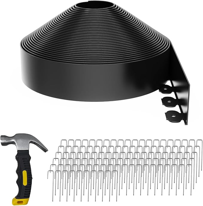 102FT Landscape Edging 4 in Tall with 110 Spikes, Garden Edging Border and 1 Hammer, Plastic Landscape Edging Border Lawn Edging for Landscaping, Flower Beds, Yard