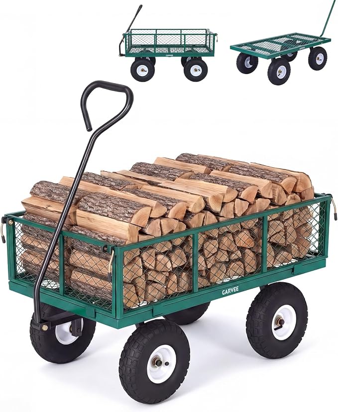 Garvee Versatile Outdoor Utility Cart - 800LBS Heavy-Duty, 10" All-Terrain Pneumatic Tires, Easy Maneuverable Lawn Cart with Removable Mesh Panels for Gardening & Landscaping, Green