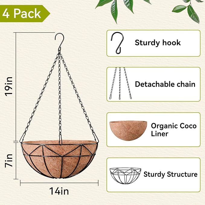 Halatool 4 Pack 14 Inch Hanging Baskets for Outdoor Plants, Heavy Duty Basket with Coco Liners, Rust-Proof Hanging Planters for Patio Fence Balcony Decor Trailing Vines Ferns Succulents Herbs