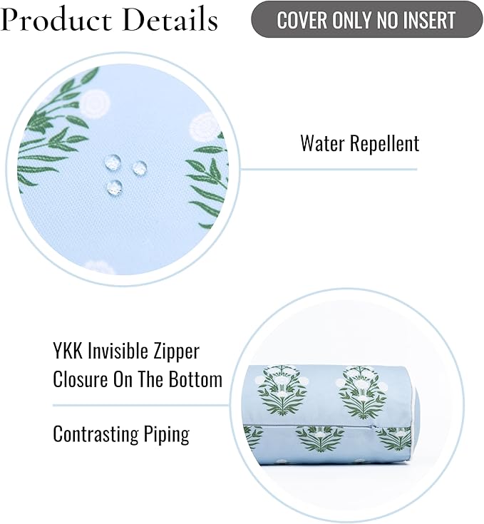 Hofdeco Premium Coastal Grandmillennial Patio Indoor Outdoor Bolster Pillow Cover Only, 6"x20" Water Repellent for Backyard, Couch, Poolside, Baby Blue Green Print Flower