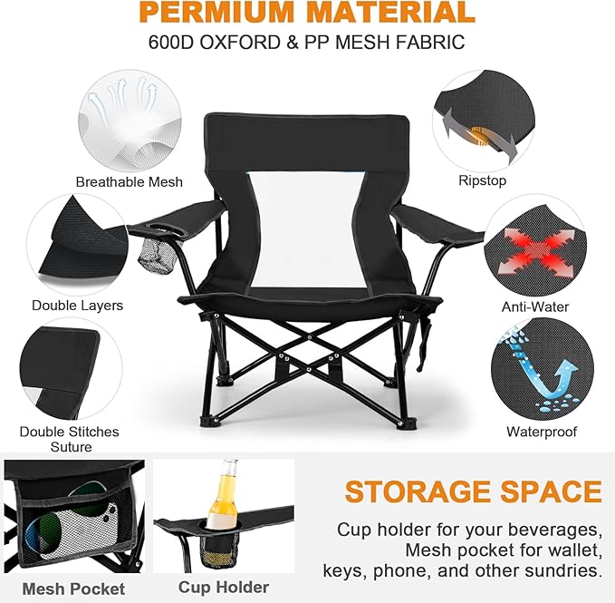 Joyfair Beach Camping Chair (2 Pack), Outdoor Folding Chair for Adults, Heavy Duty Portable Chair for Outside Fishing, Lawn, Sport, Patio, Armrest Cup Holder & Storage Pocket, Carry Bag (Black)