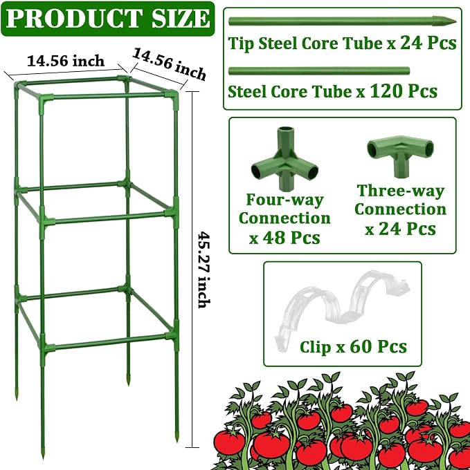 ZeeDix 6 Pack Heavy Duty Tomato Cages for Garden 45 Inches, Square Adjustable Tomato Trellis Cage Climbing Plant Support Trellis Plant Cages for Climbing Vegetables Flowers with 40Pcs Clips
