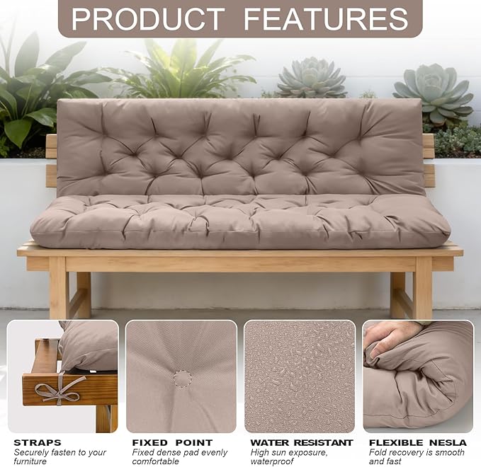 Porch Swing Cushions, Outdoor Swing Replacement Cushions 3 Seater with Backrest, Waterproof Bench Cushion with Ties,for Patio,Porch, Garden,Backyard (Khaki 60 * 40 in)