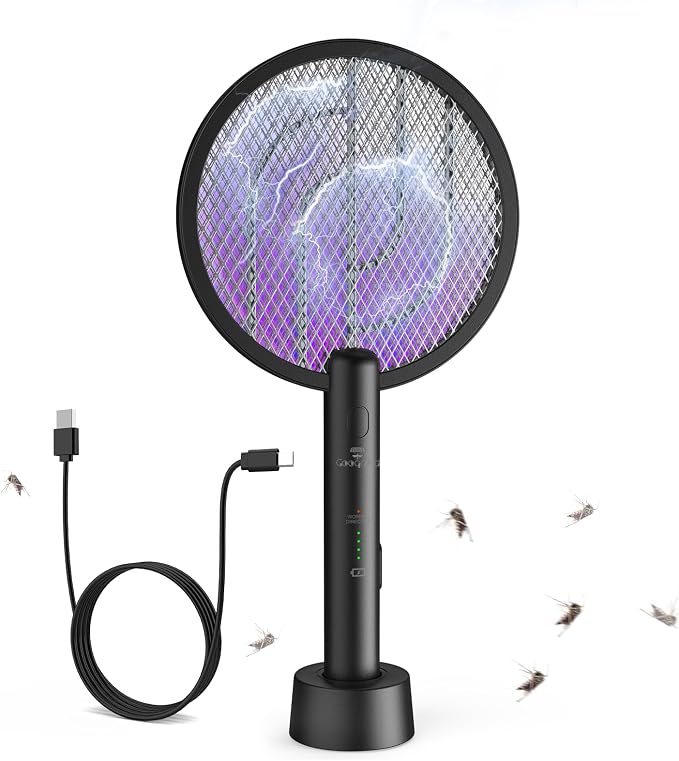 Bug Zapper Racket, 2 in 1 Mode Fly Swatter USB Rechargeable, 4000V Electric Fly Zapper with 3 Layer Safety Mesh，Electric Racket for Kitchen, Home, Garden and Outdoors