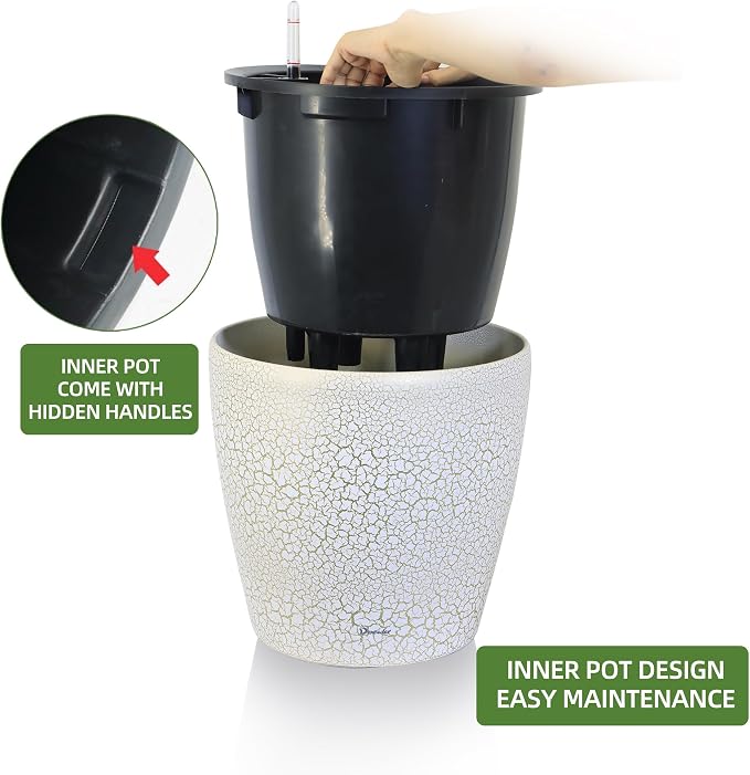 Dexceder 15x14 Self Watering Planter with Wheels (White Gold Crackle) | Inner Pot Design, Thickened Large Floor Standing Flower Plant Pot with Water Level Indicator Indoor Outdoor