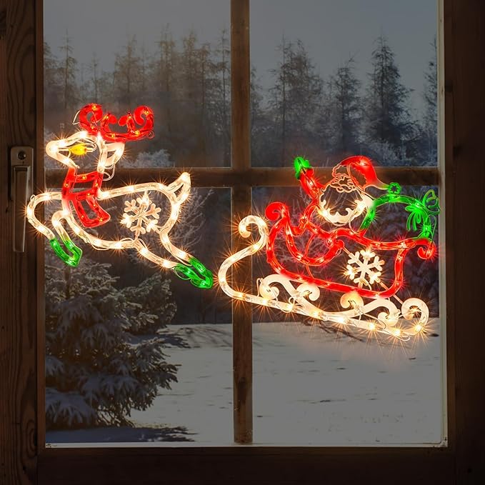 50L Lighted Christmas Sculpture,Including: Deer x1,Santa and Sleigh x1， for Holiday Indoor and Outdoor Wall Door Christmas Window Decorate