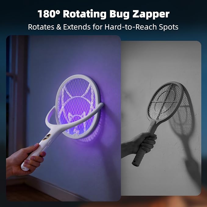 Nymrix Electric Fly Swatter Racket with Rotating Head & Telescopic Handle, 2-in-1 Bug Zapper, 4100V Rechargeable Mosquito Killer with 2600 mAh Battery for Indoor & Outdoor Use (White,2 Pack)