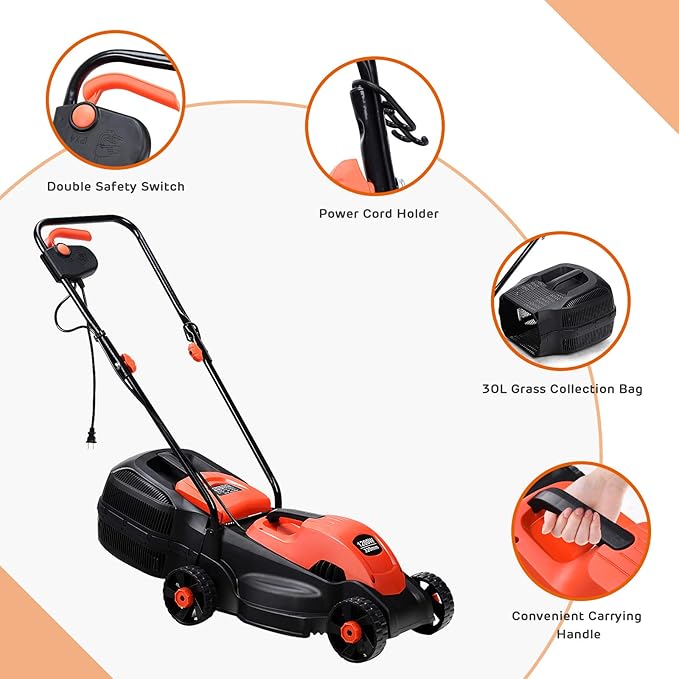Happygrill Lawn Mower 13-Inch Electric Lawn Mower, Handle Push Corded Lawn Mowers with Grass Bag, Folding Handle, Adjustable Cutting Height for Garden Yard, 12 Amp,Red