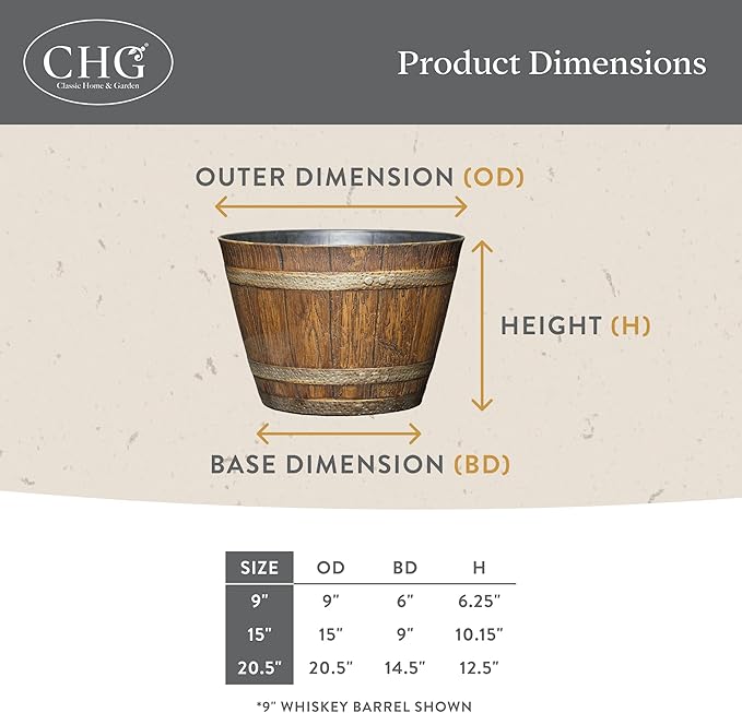 Classic Home & Garden by Growscape Whiskey Barrel Planters, Wooden Finish Flower Planter Pot, Stylish Garden Pots, Indoor Outdoor Resin Planters, Weather-Resistant Plant Pot (20.5" Oak Brown, 1-Pack)