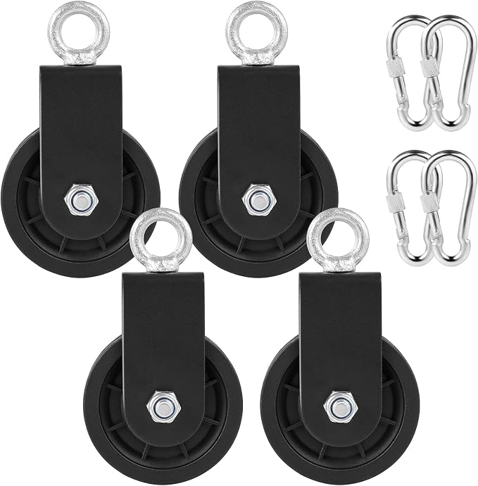 3.54 in Cable Pulley 360 Rotation Traction Wheel with Carabiner and Strap,Silence Smooth Detachable for DIY Gym Pulley System,DIY Gym Attachment Lifting Blocks,Ladder Lift,Hoists,Clothesline