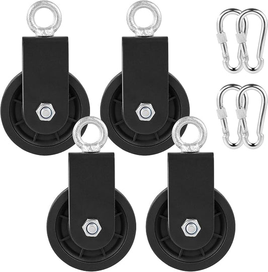 3.54 in Cable Pulley 360 Rotation Traction Wheel with Carabiner and Strap,Silence Smooth Detachable for DIY Gym Pulley System,DIY Gym Attachment Lifting Blocks,Ladder Lift,Hoists,Clothesline