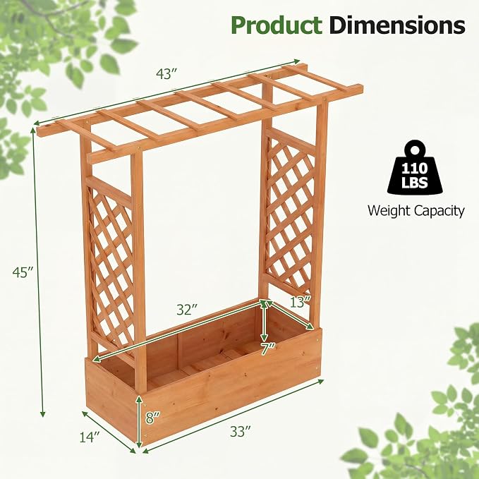 HAPPYGRILL Raised Garden Bed with Trellis & Hanging Roof, 45" Tall Wooden Planter Box with Drainage Holes, Outdoor Wood Elevated Garden Bed for Climbing Plants Vines Vegetables Flowers (Orange,1)