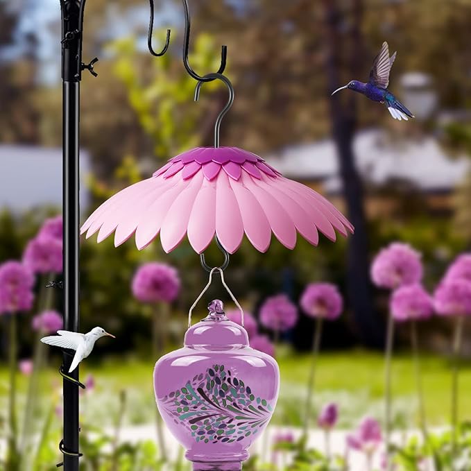 Beserie Bird Feeder Baffle Weather Rain Guard Dome Cover Keep Nectar Cool 14" Largh Diameter with Moat and 3 Hooks for Outside Hanging Hummingbird Feeder Bird Feeder（Pink Purple）