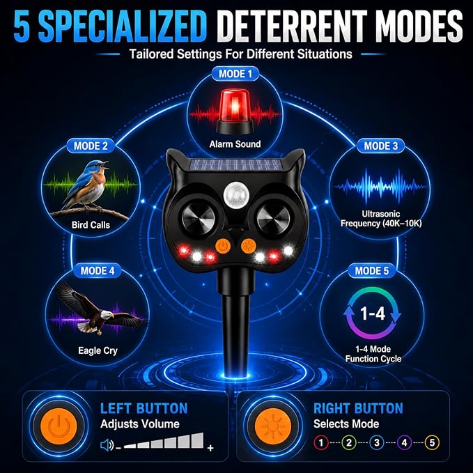 New Solar Animal Repellent Ultrasonic Outdoor for Deer Cat Skunk Squirrel Racoon Fortress Pro Animal Repeller Deterrent Devices with LED Strobe,Motion Sensor,Adjustable Volume and Modes for Yard,2 Pcs