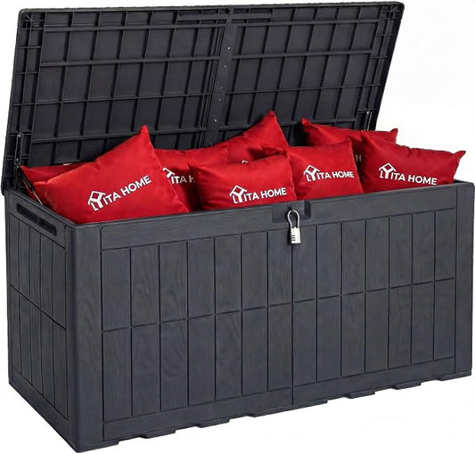 YITAHOME 134 Gallon Large Deck Box, Waterproof Resin Outdoor Storage Box with Lock, Doubles as 2-Person Bench Seating for Patio Furniture Cushions,Garden Tools & Pool Accessories, Dark Gray