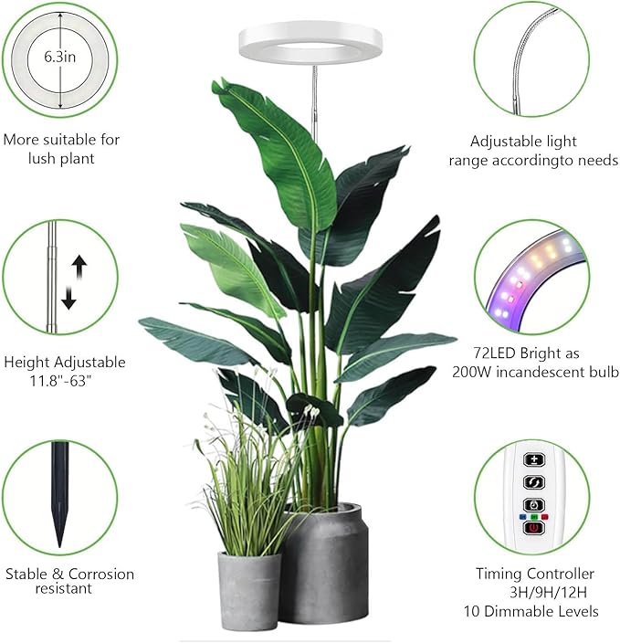 Grow Light for Indoor Plants, 6.3" Full Spectrum LED Plant Grow Light, 11.8-63in Height Adjustable Growing Lamp with Auto Timer 3H/9H/12H, 10 Dimmable Levels (White 2 Pack)