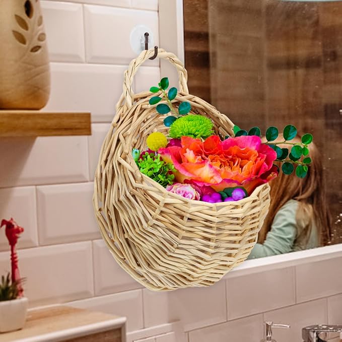 Rattan Woven Hanging Basket 9X7X3.5 Inch Wall Planter for Indoor Outdoor Use Wicker Wall Basket for Plants and Artificial Flowers Decorative Storage Organizer
