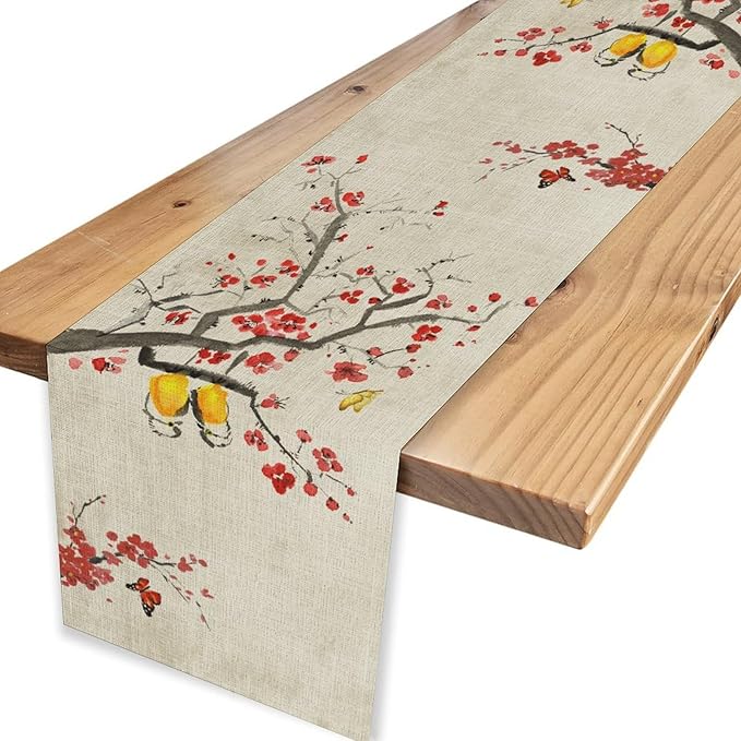 Chinese Birds Table Runner, Rustic Plum Blossom Floral Butterfly Japanese Red Flower Coffee Table Center Decor for Family Kitchen and Dining Living Room Farmhouse Party Table Decorations, 13"x36"