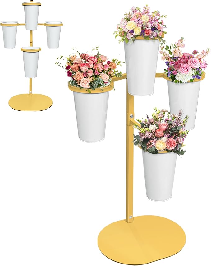 PROLEE Flower Display Stand with 4 Buckets, Flower Pot Stand, Flower Stand Metal, Florist Bouquet Shelf for Wedding, Party, Events, Oval Base, Gold