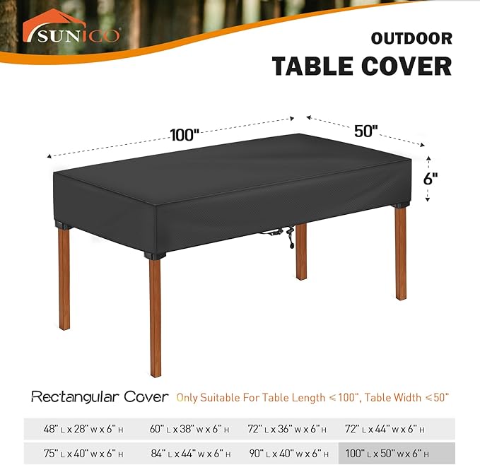 SUNICO Rectangular Outdoor Table Covers Waterproof, Anti-UV Patio Table Cover for Outdoor Furniture, Windproof Outside Dining Table Cover, Patio Furniture Cover 100" L x 50" W x 6" H