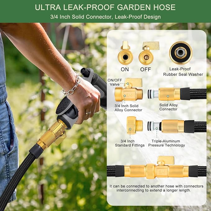 Garden Hose Non-Expandable 50 ft, Lightweight Flexible Water Hose with 10 Function Spray Nozzle, Outdoor Leak Proof, Kink-Free, Portable Hose for Yard, Lawn, Camper, High-Density Fabric, Black Grey
