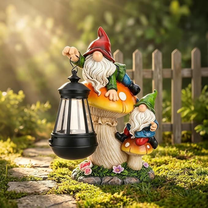 Garden Gnome Statue, Large Funny Gnome Figurine Climbing on Mushroom and Holding a Solar LED Lantern Resin Ornament for Patio Yard Lawn Porch Outdoor Decor