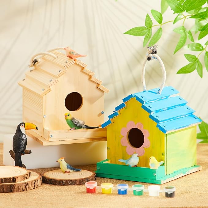 Juexica 4 Pack DIY Birdhouse Kits for Kids Ages 6+ Build and Paint Wooden Bird House Arts and Craft Project with Paint Strips Brushes for Boy Girl Adult Classroom Indoor Outdoor Crafts (Groovy)