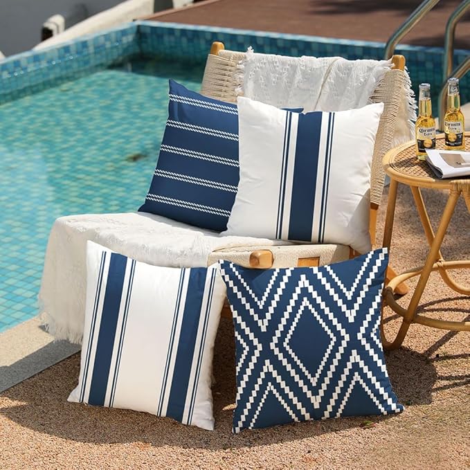 DFXSZ Outdoor Pillow Covers 16x16 Inch Set of 4 Navy Blue Waterproof Modern Geometry Throw Pillows Outdoor Summer Waterproof Decor for Patio Funiture Garden Polyester Cushion Covers 013N16